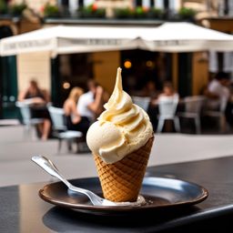 french vanilla ice cream scooped onto a cone at a charming parisian sidewalk café. 