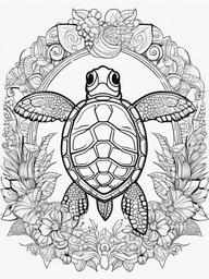 Turtle Coloring Pages - Turtle surrounded by whimsical creatures  simple coloring pages