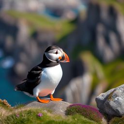 Cute Puffin Nesting on a Rocky Cliff 8k, cinematic, vivid colors