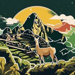 Machu Picchu Llama sticker- Andean camelids roaming the ancient ruins, , sticker vector art, minimalist design