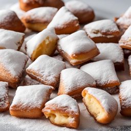 beignets, new orleans-style fried doughnuts dusted with powdered sugar. 