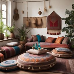 boho-chic living room with floor cushions and bohemian textiles. 