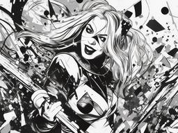 drawing of Harley Quinn surrounded by chaos  minimal rough sketch scribbles,doodles,black and white