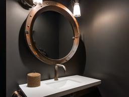 In the powder room, Post-Apocalyptic interior design includes industrial fixtures, weathered finishes, and playful accents that transform a small space into a unique and engaging experience.  