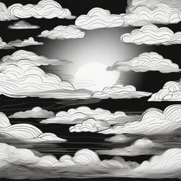 drawing of clouds with a sunset  minimal rough sketch scribbles,doodles,black and white