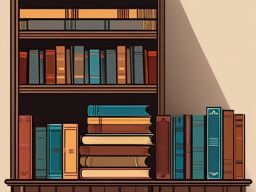 Book Clipart - A stack of old books on a dusty wooden library shelf.  color clipart, minimalist, vector art, 