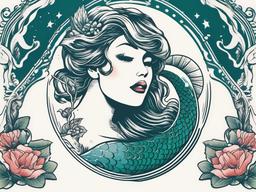 Mermaid Tattoo Vintage - Capture timeless charm with a vintage-inspired mermaid-themed tattoo.  simple vector color tattoo,minimal,white background