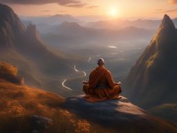 human monk,aric stormrider,meditating atop a tranquil mountaintop,the sun rises detailed matte painting, deep color, fantastical, intricate detail, splash screen, complementary colors, fantasy concept art, 8k resolution trending on artstation unreal engine 5