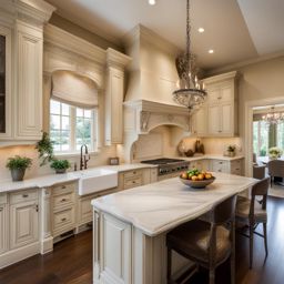 french provincial kitchen with antique white cabinets and marble countertops. 