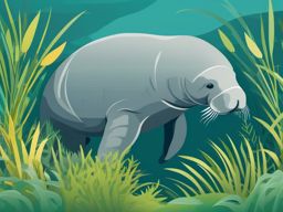 Manatee Clip Art - A gentle manatee peacefully grazing on seagrass,  color vector clipart, minimal style