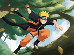 naruto uzumaki dashes through the treetops, engaging in an acrobatic ninja skirmish. 