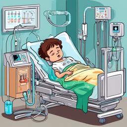 extremely sick boy in coma in hospital with oxygen machines attached and with a dialysis unit attached
  , vector illustration, clipart