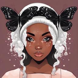 A girl with a black butterfly cut, black skin, fuzzy black head warmer, black fizzy  , vector illustration, clipart