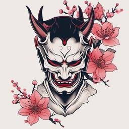 hannya mask with cherry blossoms  simple color tattoo,white background,minimal