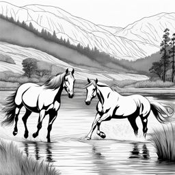 horse coloring pages - horses race alongside a scenic river in a wild west landscape. 