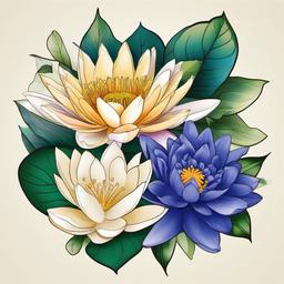 Water Lily and Larkspur Tattoo-Combining the purity of the water lily and the vibrancy of larkspur in a tattoo, symbolizing love, enlightenment, and positive energy.  simple vector color tattoo