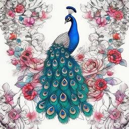 peacock with flowers  ,tattoo design, white background