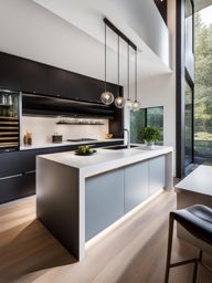 contemporary kitchen with sleek cabinetry and a waterfall island. 