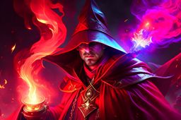 fire-wielding sorcerer with crimson robes and eyes ablaze, conjuring flames with a gesture. 