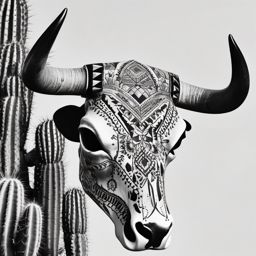 Cow skull and cactus tattoo: Southwest vibes, desert charm.  black and white tattoo style