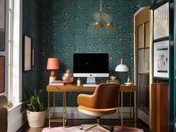 Eclectic office space with a mix of CB2 modular desks, Anthropologie bold wallpaper, and an Eames vintage desk chair.  