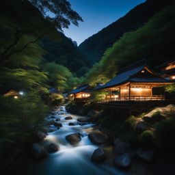 iya valley - illustrate the secluded iya valley at night, where vine bridges and traditional thatched-roof houses blend harmoniously with the dark, forested landscape. 