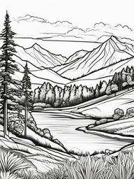 Summer Coloring Pages - Mountain landscape with hikers enjoying the view  simple coloring pages