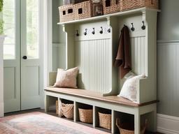 Shabby Chic mudroom features a distressed bench, romantic decor, and vintage storage solutions, offering a cozy and stylish environment for welcoming guests.  