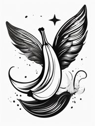 Banana with wings ink. Flying fruit fantasy.  black white tattoo style, minimalist design,white background