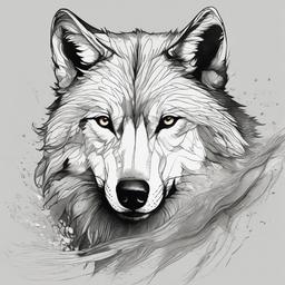 drawing of a wolf in underwater world  minimal rough sketch scribbles,doodles,black and white