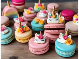 tower of colorful unicorn macarons, each with a whimsical design and a surprise filling. 