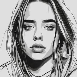 drawing of Billie Eilish in a music video scene  minimal rough sketch scribbles,doodles,black and white