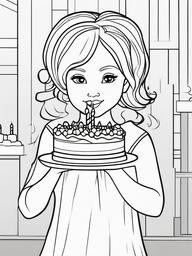 Birthday Girl with Cake Coloring Pages - Girl Ready to Blow Out Candles  minimal black outline printable sheet, coloring page