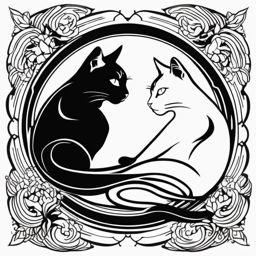 Cats in Yin and Yang design, harmonizing feline energy with a tattoo twist.  black white outline tattoo, white background