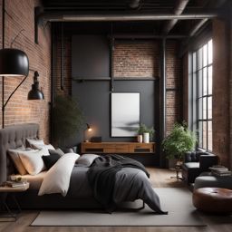 urban loft bedroom with industrial accents and exposed brick walls. 