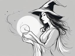 drawing of a witch casting a spell with a wand  minimal rough sketch scribbles,doodles,black and white