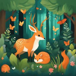 cute clipart: inhabiting an enchanted forest with mythical creatures. 