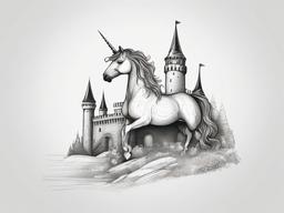 drawing of a unicorn beside a castle  minimal rough sketch scribbles,doodles,black and white