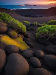 the galápagos islands, ecuador - create a scene showcasing the unique wildlife and volcanic landscapes of the galápagos at night. 