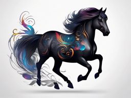 Dark Horse Tattoo-Surreal dark horse with cosmic elements, blending the mystical with the powerful. Colored tattoo designs, minimalist, white background.  color tattoo style, minimalist, white background