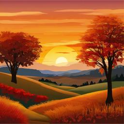 Fall clipart - autumn sunset over a landscape  