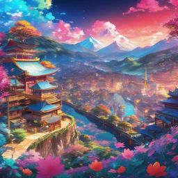 Anime Background - Anime Characters in Vibrant World wallpaper splash art, vibrant colors, intricate patterns