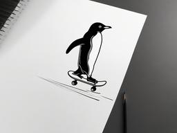 drawing of a penguin skating on ice  minimal rough sketch scribbles,doodles,black and white