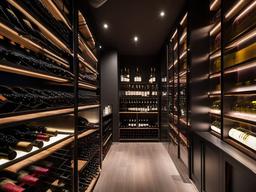 In the wine cellar, urban modern interior design features industrial shelving, ambient lighting, and a clean aesthetic that creates a stylish atmosphere for wine enthusiasts.  