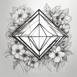 drawing of a diamond surrounded by flowers  minimal rough sketch scribbles,doodles,black and white