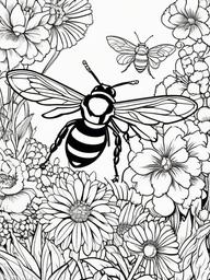 Bumblebee Coloring Pages - Bumblebee in a colorful flower bed  simple coloring pages