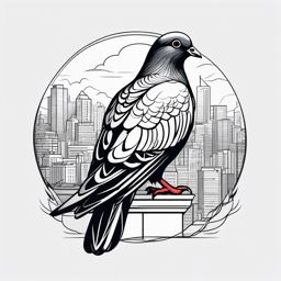 Pigeon Tattoo - Pigeon perched on the edge of a city rooftop  few color tattoo design, simple line art, design clean white background