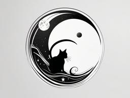 Black Cat Tattoo Moon - Tattoo featuring a black cat with a moon motif.  minimal color tattoo, white background