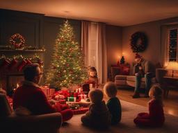 Christmas wallpaper - Family gathered around a Christmas tree with a cozy fireplace in the background  aesthetic background wallpaper