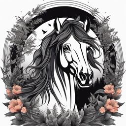 Dark Horse Tattoo-Dark horse in a mythical forest setting, surrounded by enchanting details. Colored tattoo designs, minimalist, white background.  color tattoo style, minimalist, white background